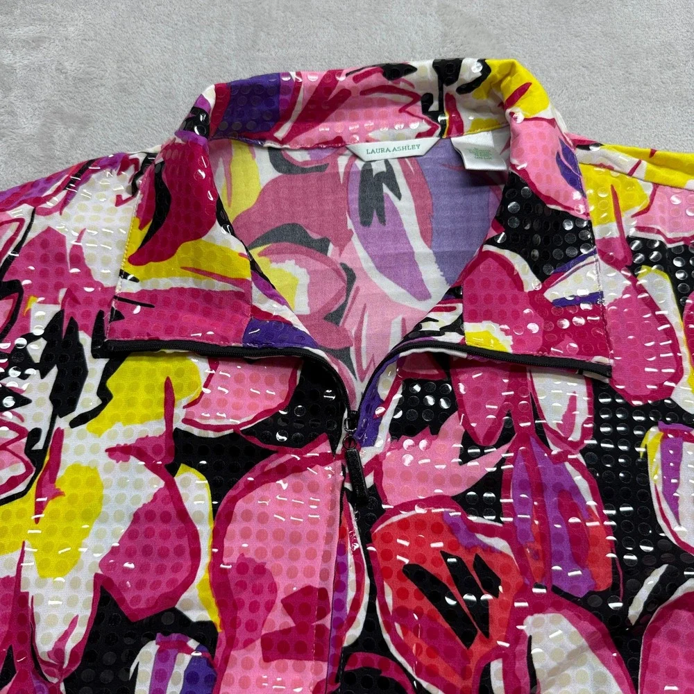 Laura Ashley Zip Up Jacket Women's Large Pink Abstract Floral Textured Stretch